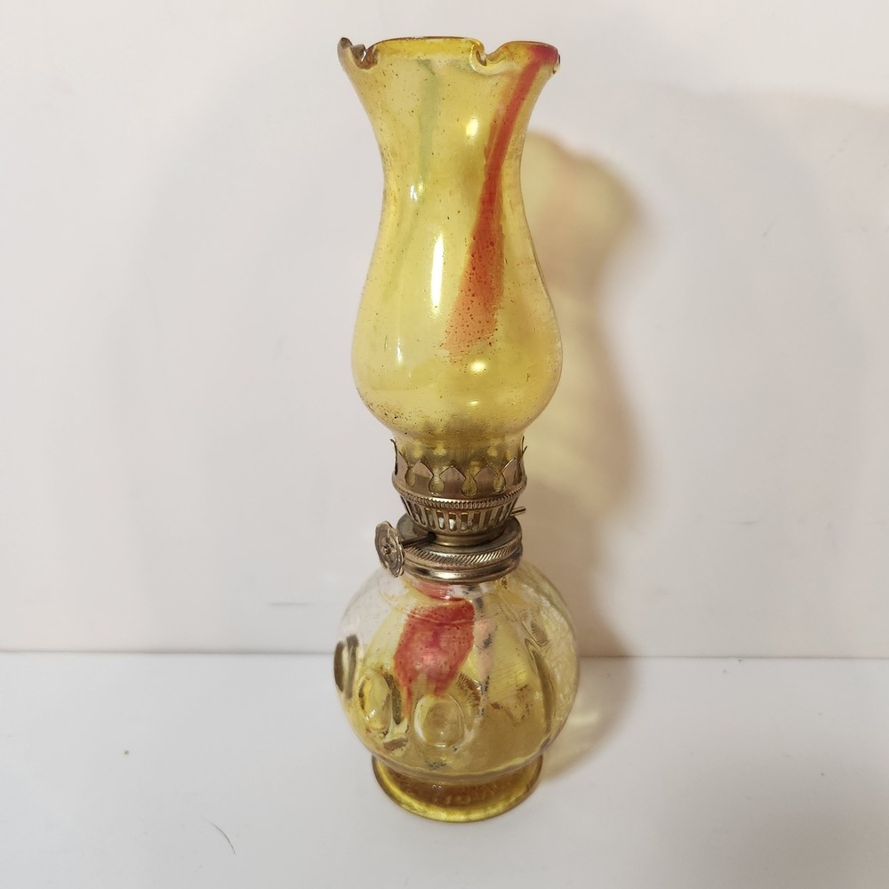 Vintage Miniature‎ Yellow Glass Oil Lamp Red Splatter Made in Hong Kong 7.5"